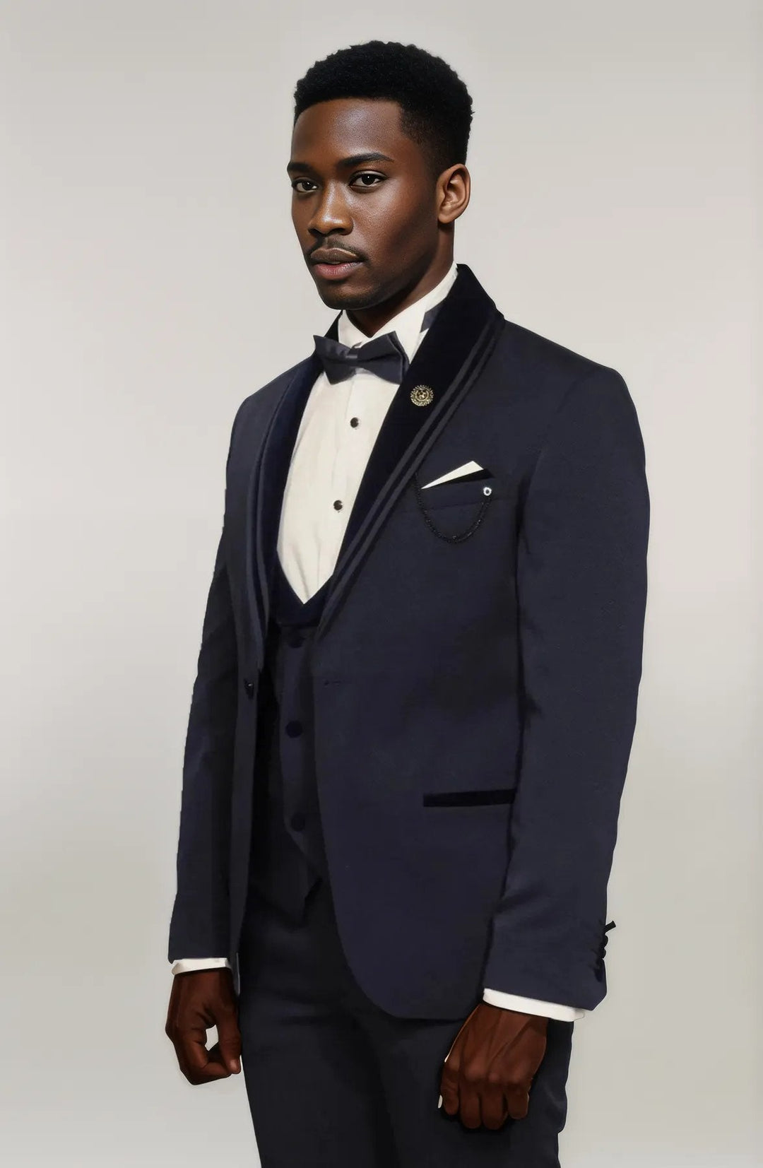 WSS 3 Piece Trim Detailed Self-Patterned Velvet Shawl Collar Navy Blue Men's Tuxedo  - Singen