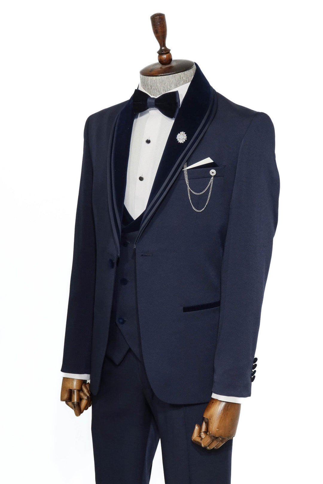 WSS 3 Piece Trim Detailed Self-Patterned Velvet Shawl Collar Navy Blue Men's Tuxedo  - Singen