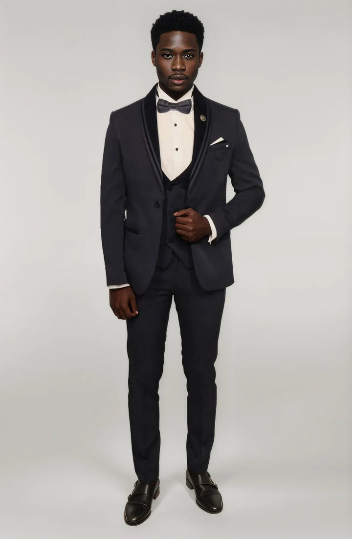 WSS 3 Piece Trim Detailed Self-Patterned Velvet Shawl Collar Navy Blue Men's Tuxedo  - Singen