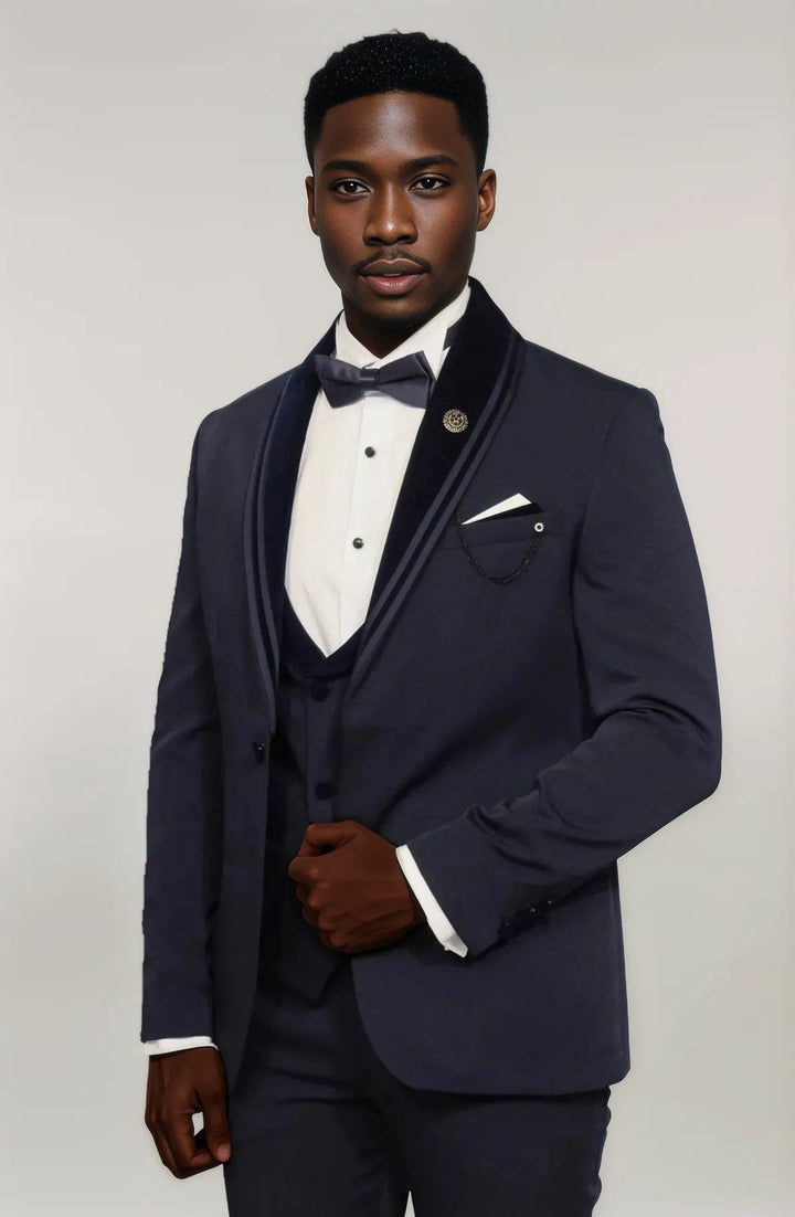 WSS 3 Piece Trim Detailed Self-Patterned Velvet Shawl Collar Navy Blue Men's Tuxedo  - Singen