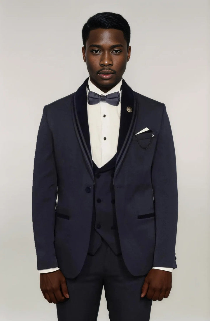 WSS 3 Piece Trim Detailed Self-Patterned Velvet Shawl Collar Navy Blue Men's Tuxedo  - Singen