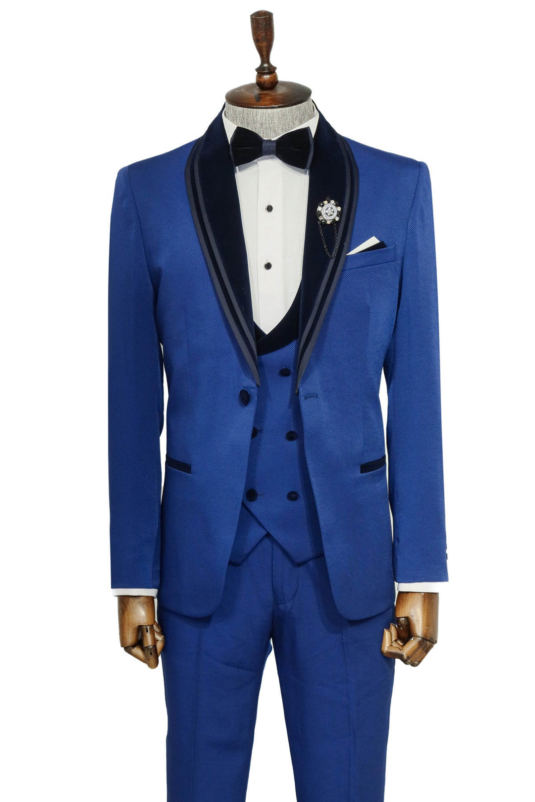 WSS 3 Piece Trim Detailed Self-Patterned Velvet Shawl Collar Royal Blue Men's Tuxedo  - Singen