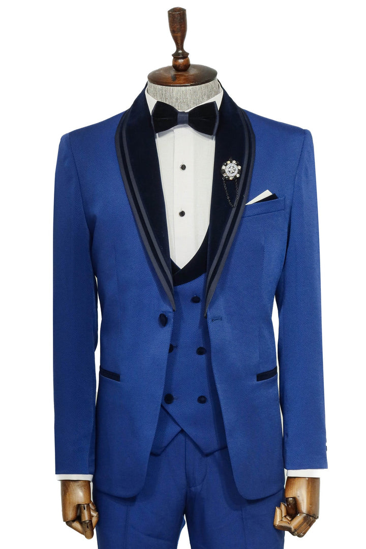 WSS 3 Piece Trim Detailed Self-Patterned Velvet Shawl Collar Royal Blue Men's Tuxedo  - Singen