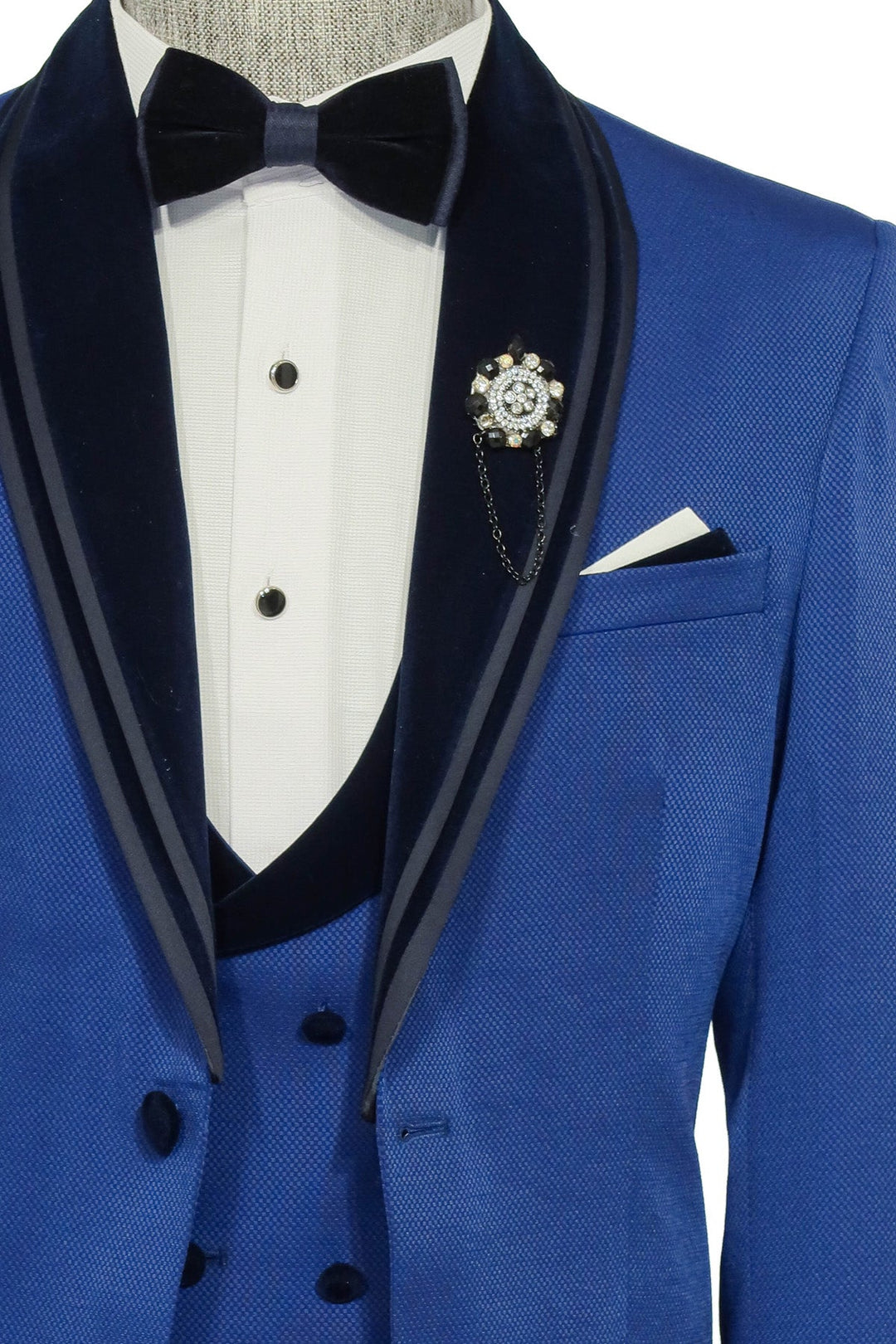 WSS 3 Piece Trim Detailed Self-Patterned Velvet Shawl Collar Royal Blue Men's Tuxedo  - Singen