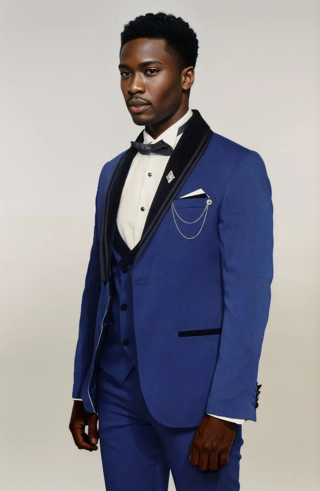 WSS 3 Piece Trim Detailed Self-Patterned Velvet Shawl Collar Royal Blue Men's Tuxedo  - Singen