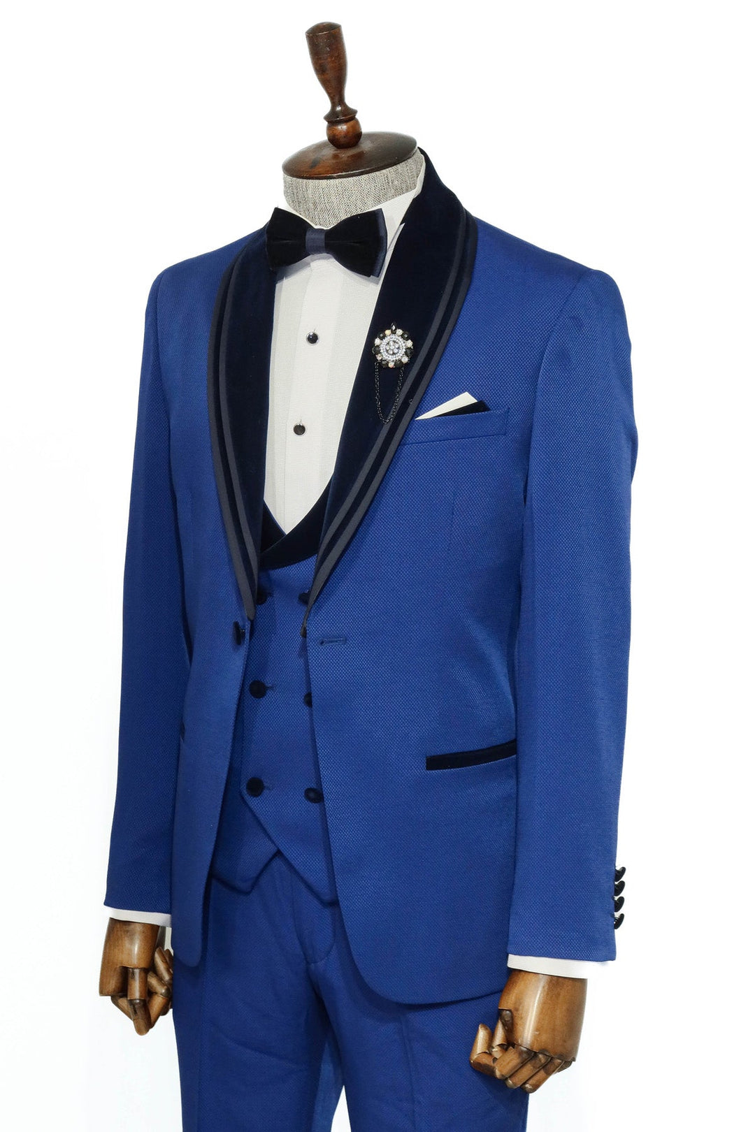 WSS 3 Piece Trim Detailed Self-Patterned Velvet Shawl Collar Royal Blue Men's Tuxedo  - Singen