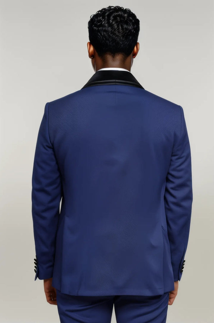 WSS 3 Piece Trim Detailed Self-Patterned Velvet Shawl Collar Royal Blue Men's Tuxedo  - Singen