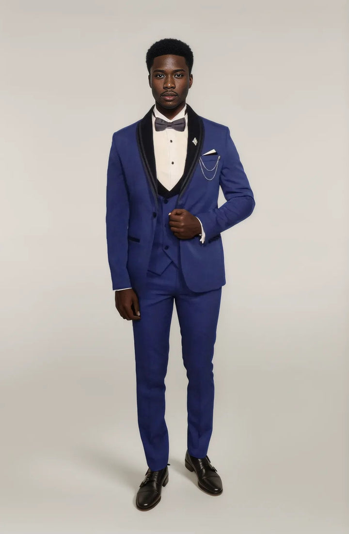 WSS 3 Piece Trim Detailed Self-Patterned Velvet Shawl Collar Royal Blue Men's Tuxedo  - Singen