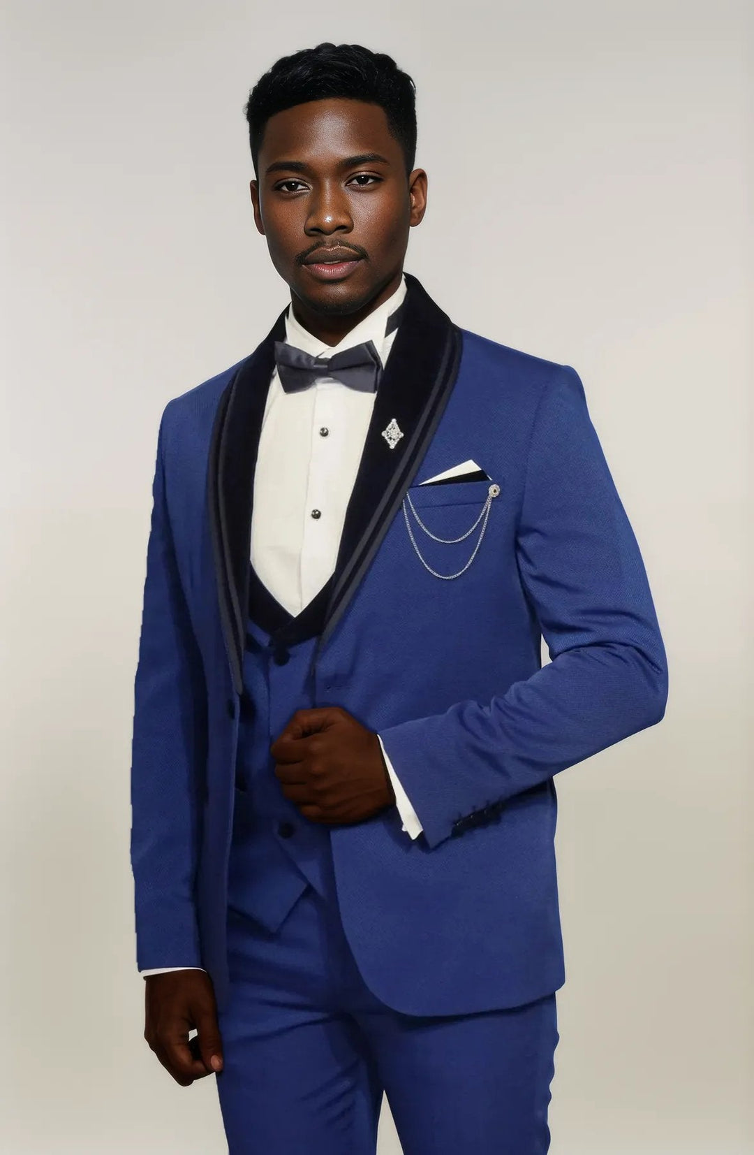 WSS 3 Piece Trim Detailed Self-Patterned Velvet Shawl Collar Royal Blue Men's Tuxedo  - Singen