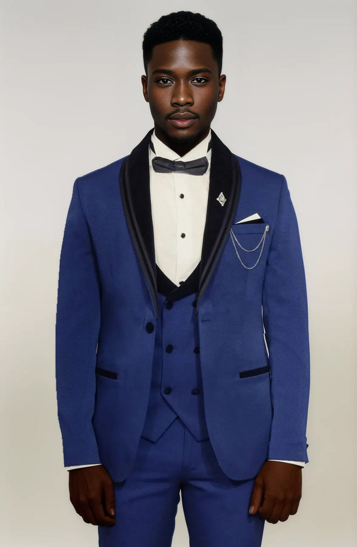 WSS 3 Piece Trim Detailed Self-Patterned Velvet Shawl Collar Royal Blue Men's Tuxedo  - Singen