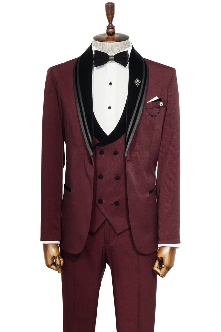 WSS 3 Piece Trim Detailed Self-Patterned Velvet Shawl Collar Burgundy Men's Tuxedo  - Singen