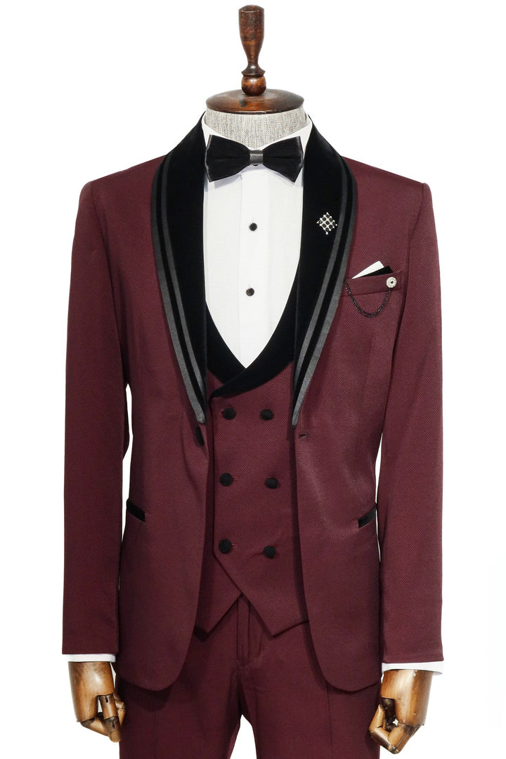 WSS 3 Piece Trim Detailed Self-Patterned Velvet Shawl Collar Burgundy Men's Tuxedo  - Singen