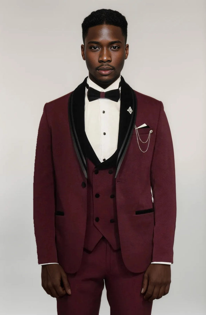 WSS 3 Piece Trim Detailed Self-Patterned Velvet Shawl Collar Burgundy Men's Tuxedo  - Singen