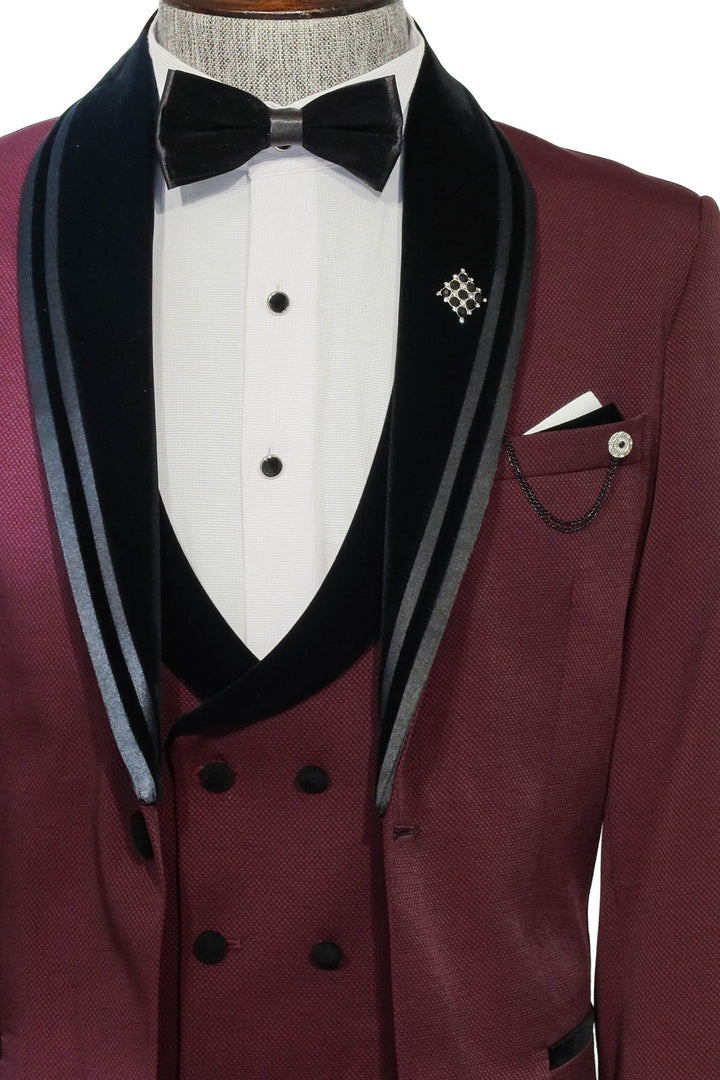 WSS 3 Piece Trim Detailed Self-Patterned Velvet Shawl Collar Burgundy Men's Tuxedo  - Singen