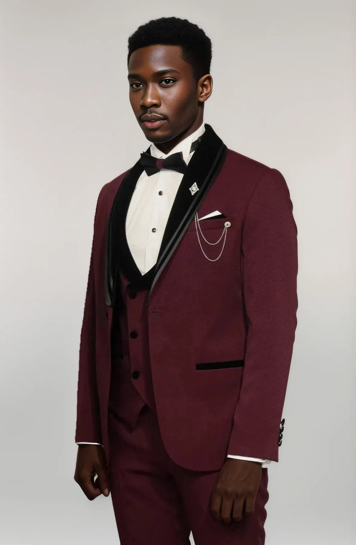 WSS 3 Piece Trim Detailed Self-Patterned Velvet Shawl Collar Burgundy Men's Tuxedo  - Singen