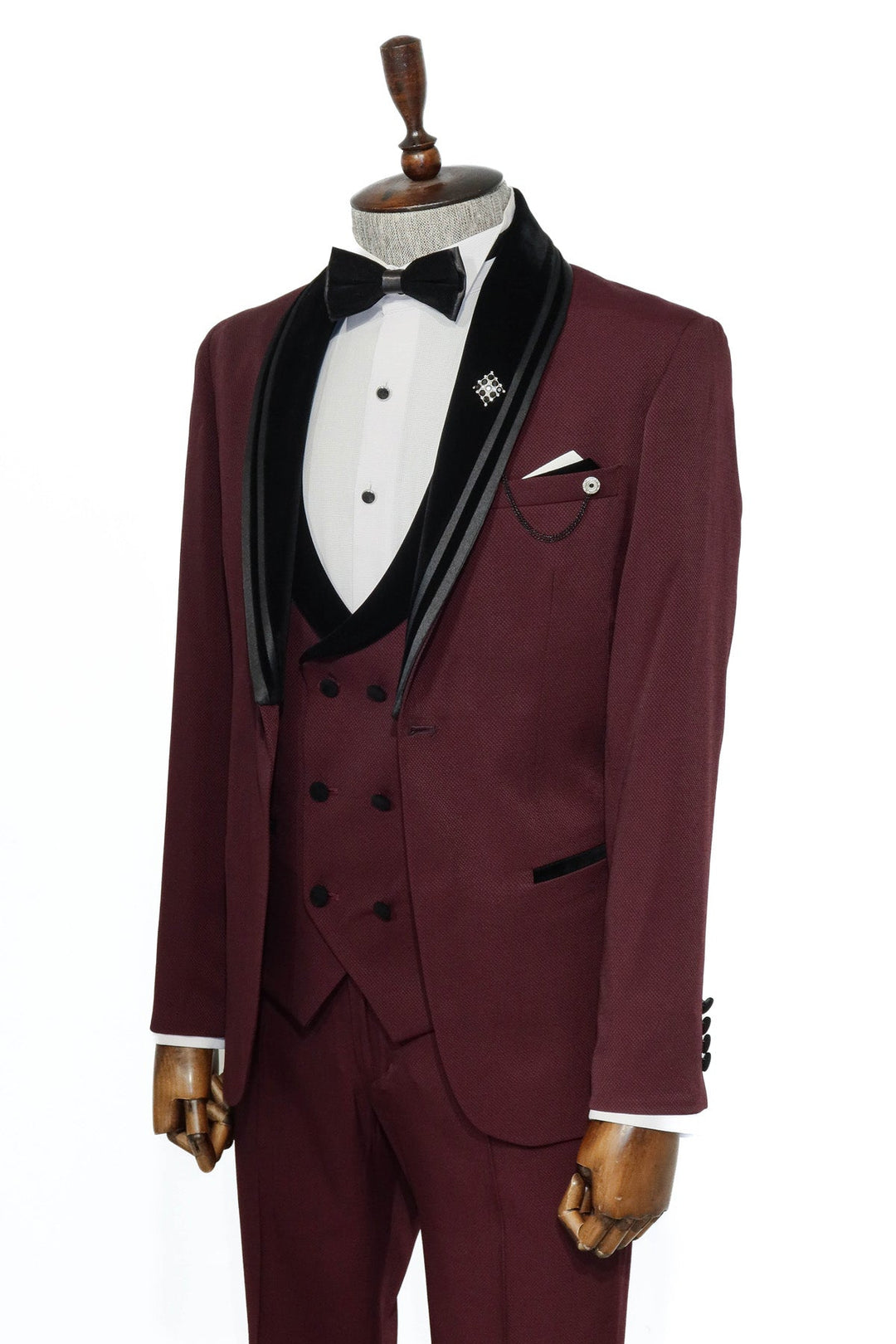 WSS 3 Piece Trim Detailed Self-Patterned Velvet Shawl Collar Burgundy Men's Tuxedo  - Singen