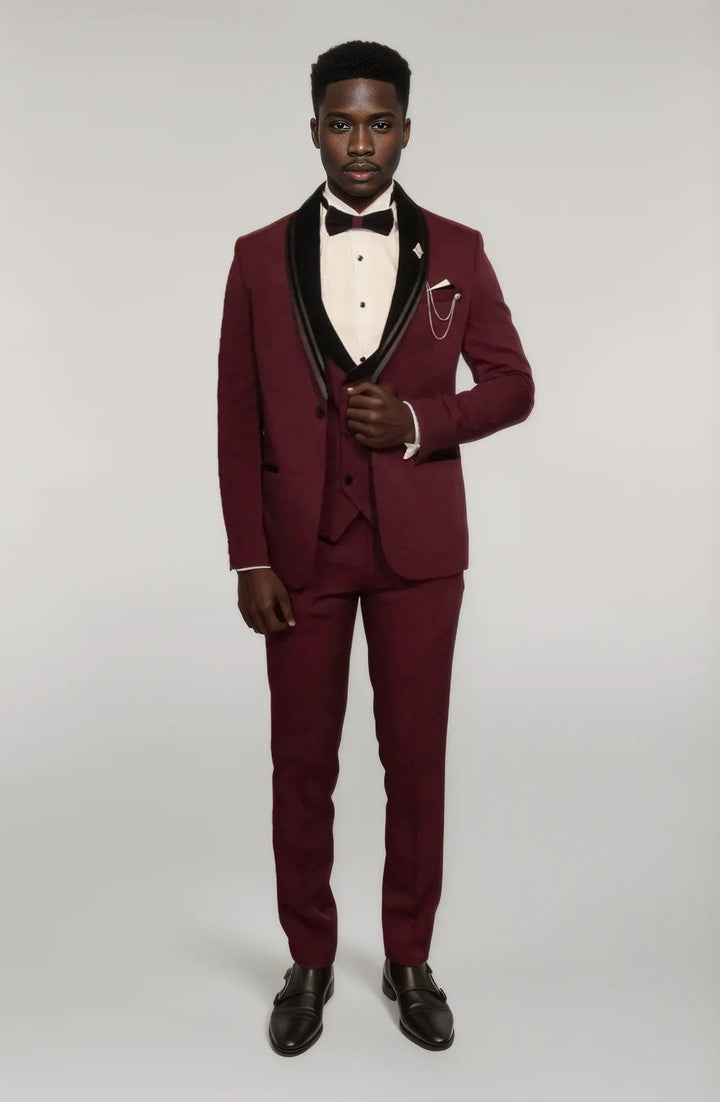 WSS 3 Piece Trim Detailed Self-Patterned Velvet Shawl Collar Burgundy Men's Tuxedo  - Singen