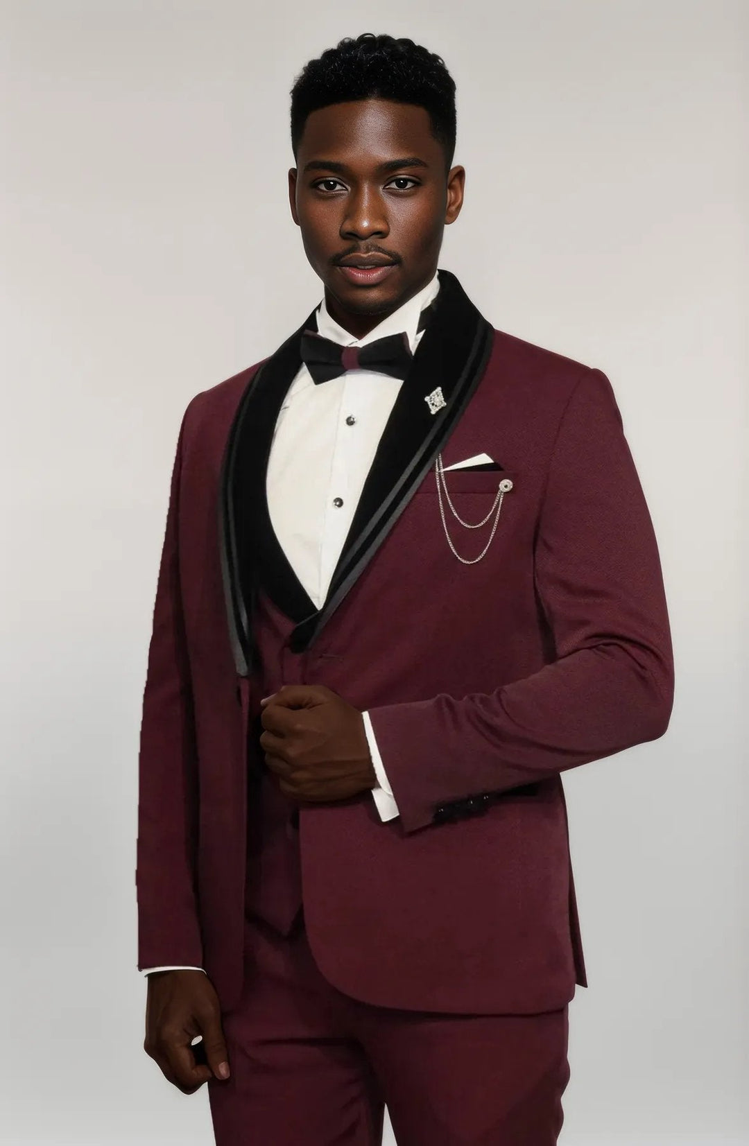 WSS 3 Piece Trim Detailed Self-Patterned Velvet Shawl Collar Burgundy Men's Tuxedo  - Singen