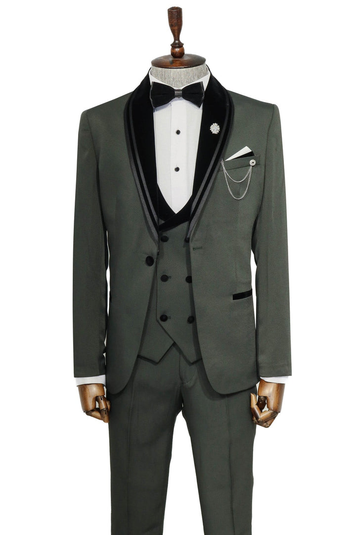 WSS 3 Piece Trim Detailed Self-Patterned Velvet Shawl Collar Khaki Men's Tuxedo  - Singen