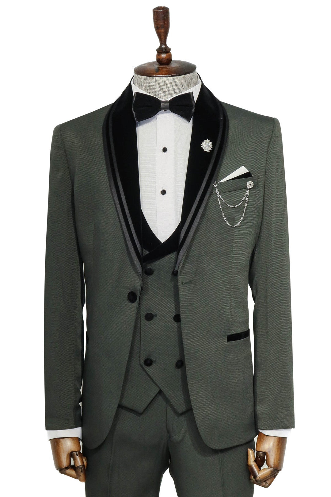 WSS 3 Piece Trim Detailed Self-Patterned Velvet Shawl Collar Khaki Men's Tuxedo  - Singen