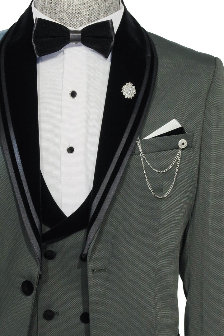 WSS 3 Piece Trim Detailed Self-Patterned Velvet Shawl Collar Khaki Men's Tuxedo  - Singen