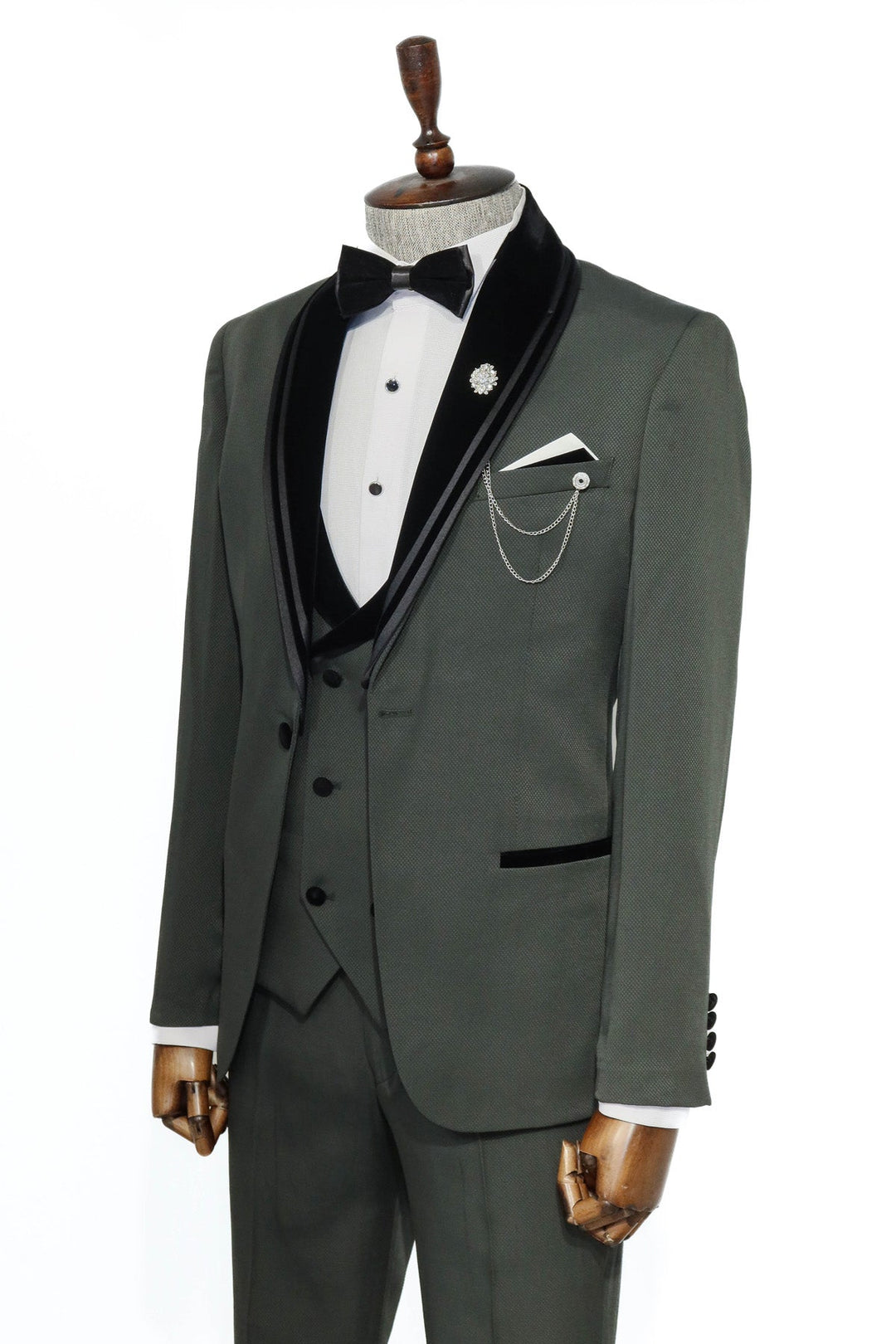 WSS 3 Piece Trim Detailed Self-Patterned Velvet Shawl Collar Khaki Men's Tuxedo  - Singen