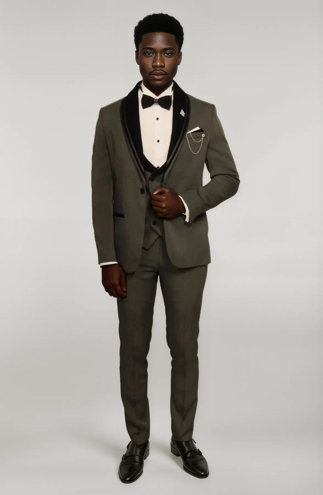 WSS 3 Piece Trim Detailed Self-Patterned Velvet Shawl Collar Khaki Men's Tuxedo  - Singen