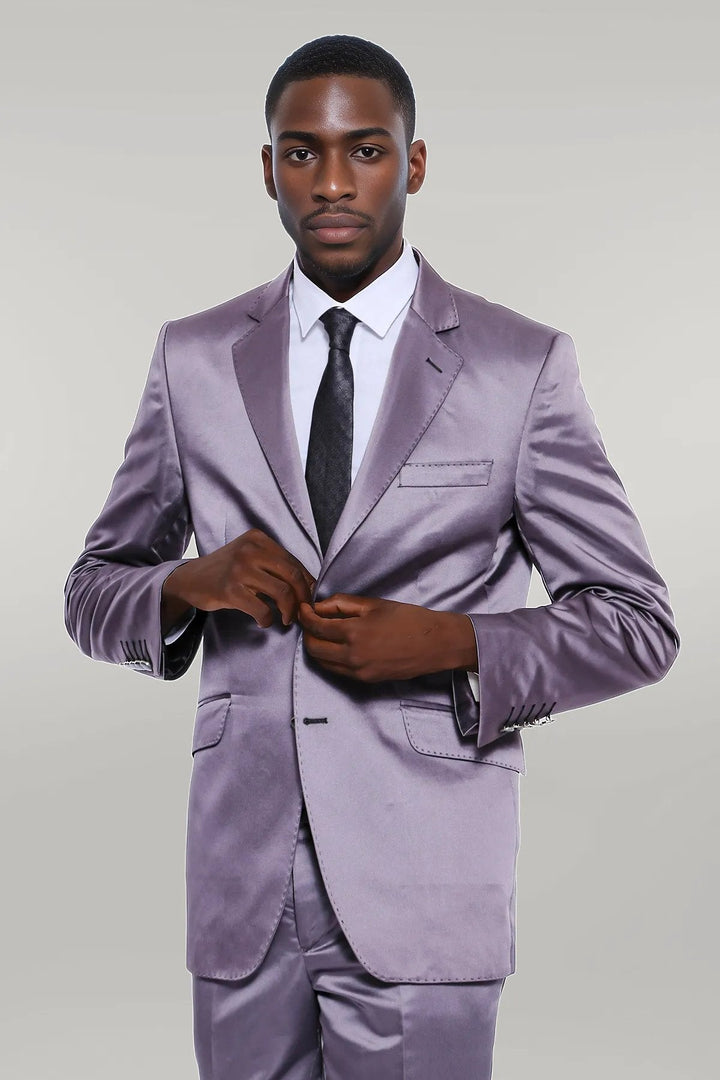 WSS Two Piece Two Buttons Modeled Lapel Satin Grey Men Groom Suit - Singen