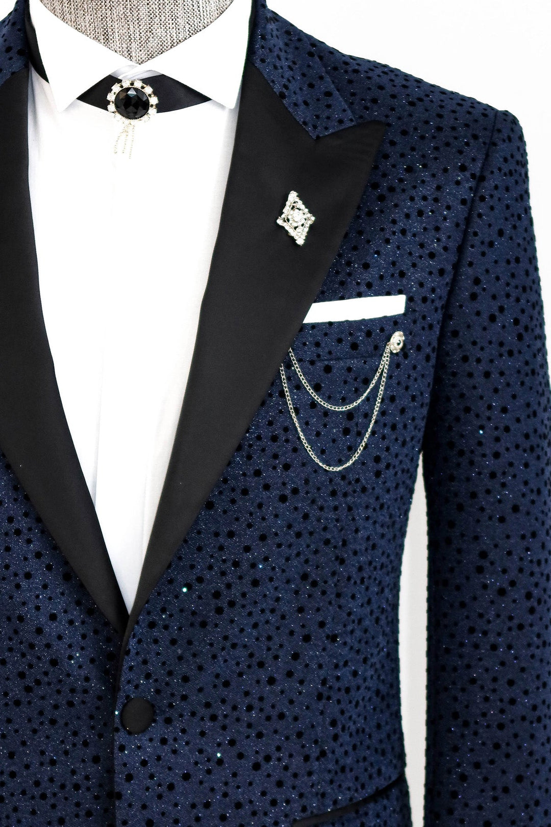 WSS Shiny Dot Patterned Navy Blue Men Prom Blazer  - Singen