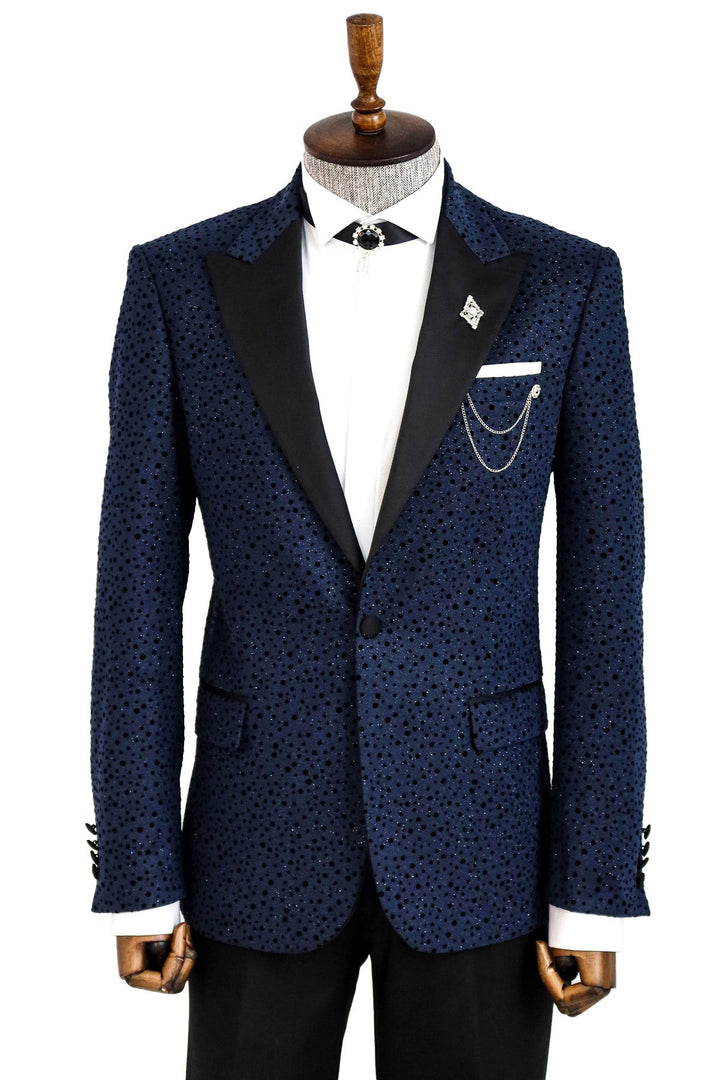 WSS Shiny Dot Patterned Navy Blue Men Prom Blazer  - Singen