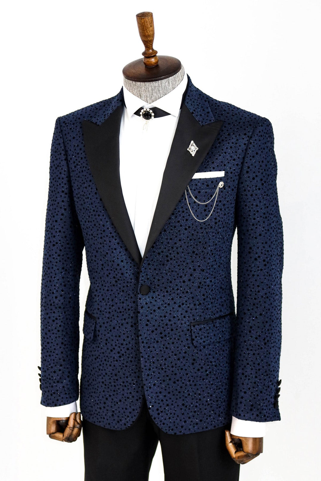 WSS Shiny Dot Patterned Navy Blue Men Prom Blazer  - Singen