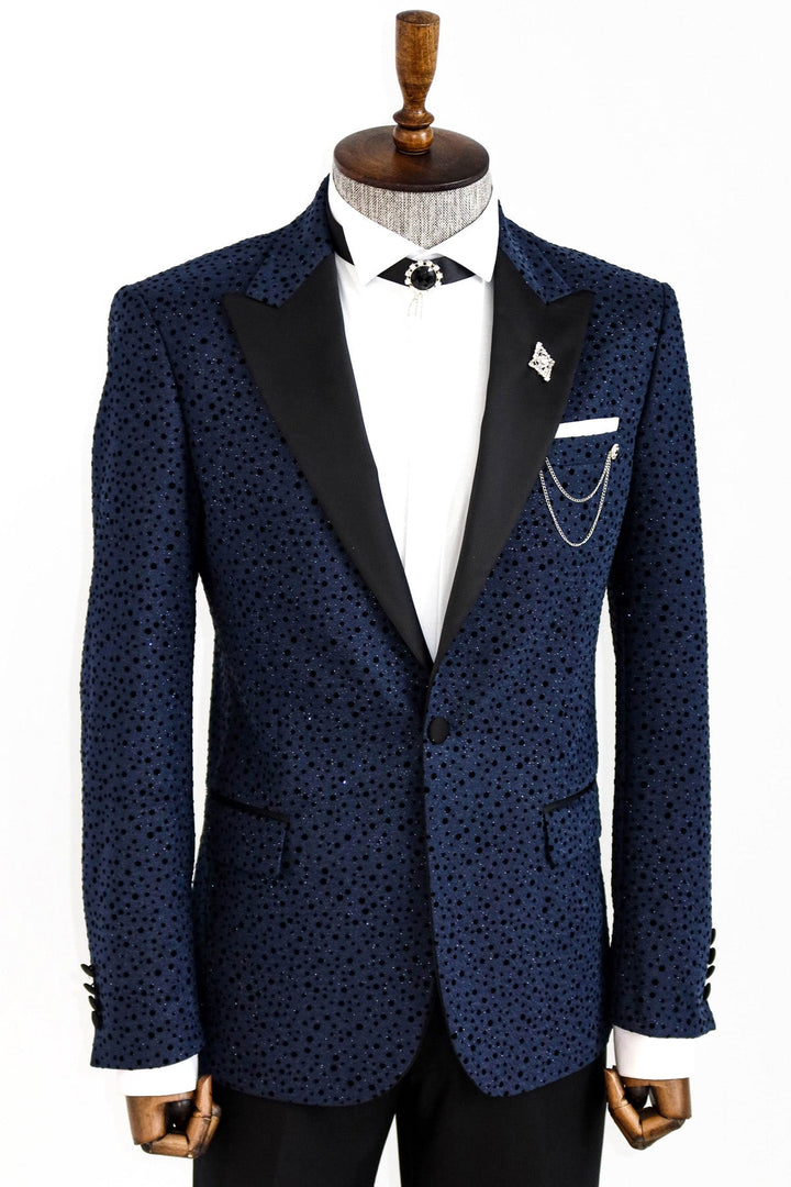 WSS Shiny Dot Patterned Navy Blue Men Prom Blazer  - Singen