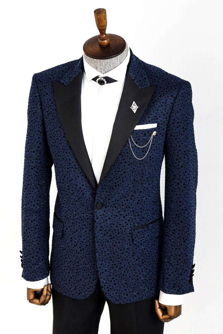 WSS Shiny Dot Patterned Navy Blue Men Prom Blazer  - Singen