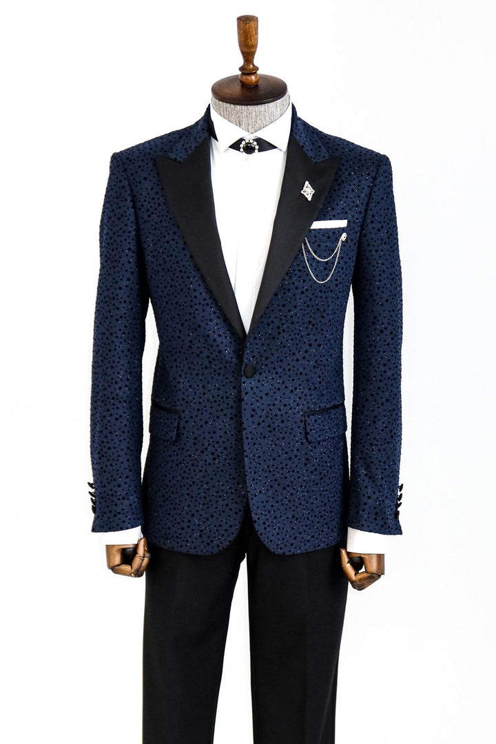 WSS Shiny Dot Patterned Navy Blue Men Prom Blazer  - Singen