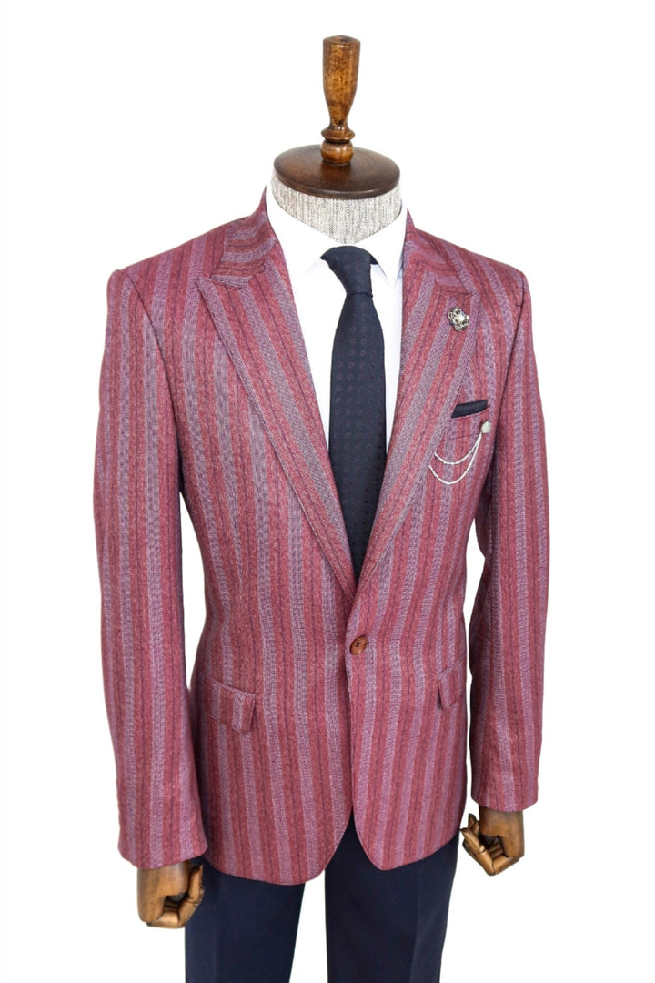 WSS Striped Slim Fit Single Button Burgundy Men Blazer  - Singen