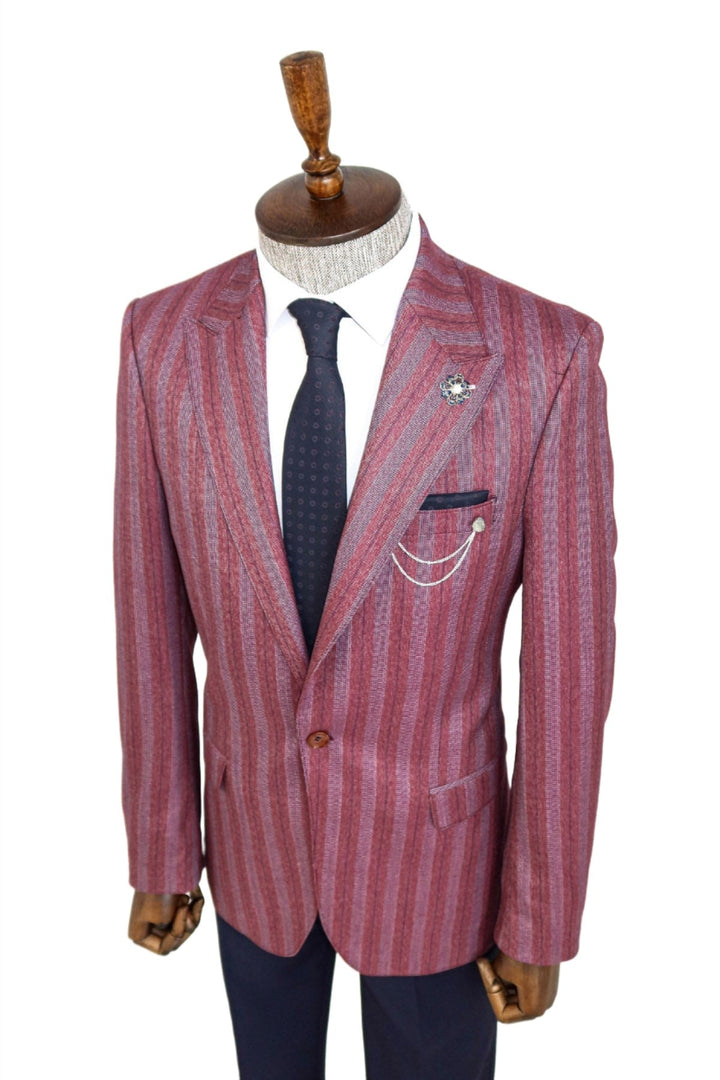 WSS Striped Slim Fit Single Button Burgundy Men Blazer  - Singen