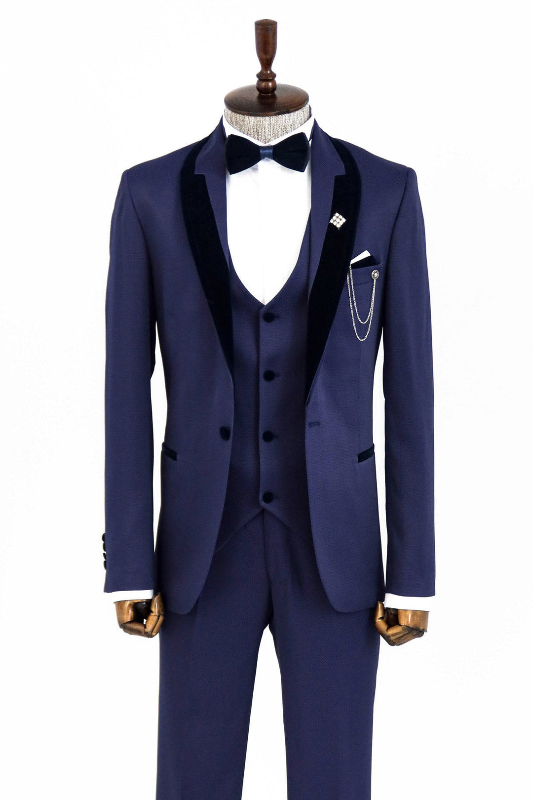 WSS Patterned Navy Blue Velvet Lapel Tuxedo  - Singen