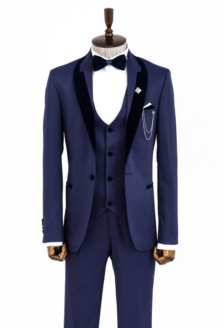 WSS Patterned Navy Blue Velvet Lapel Tuxedo  - Singen