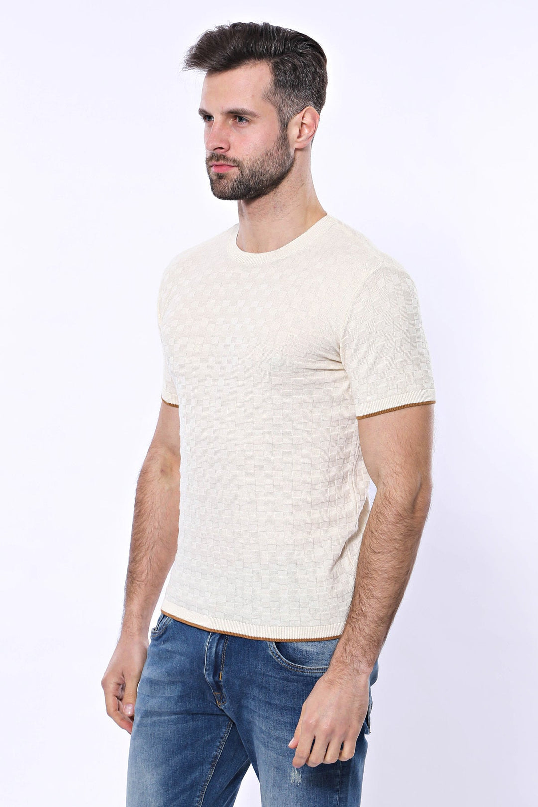 WSS Cream Patterned Tricot Knitted T-Shirt  - Singen