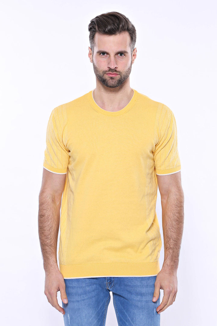 WSS Circle Neck Patterned Yellow Knitted T-Shirt  - Singen