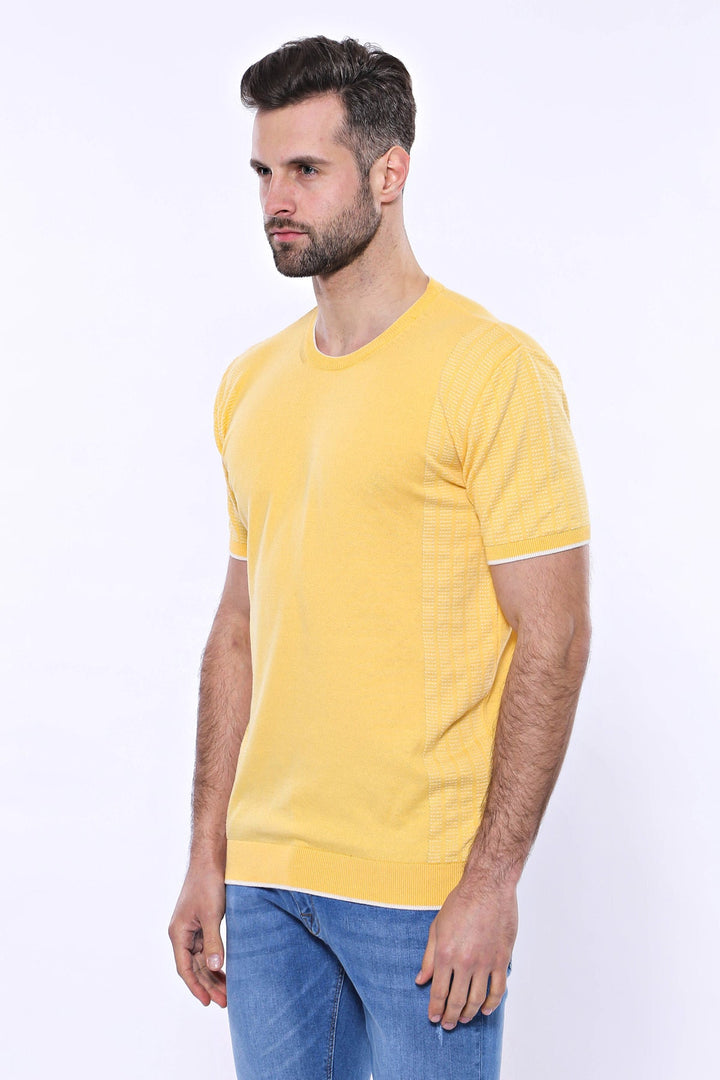 WSS Circle Neck Patterned Yellow Knitted T-Shirt  - Singen