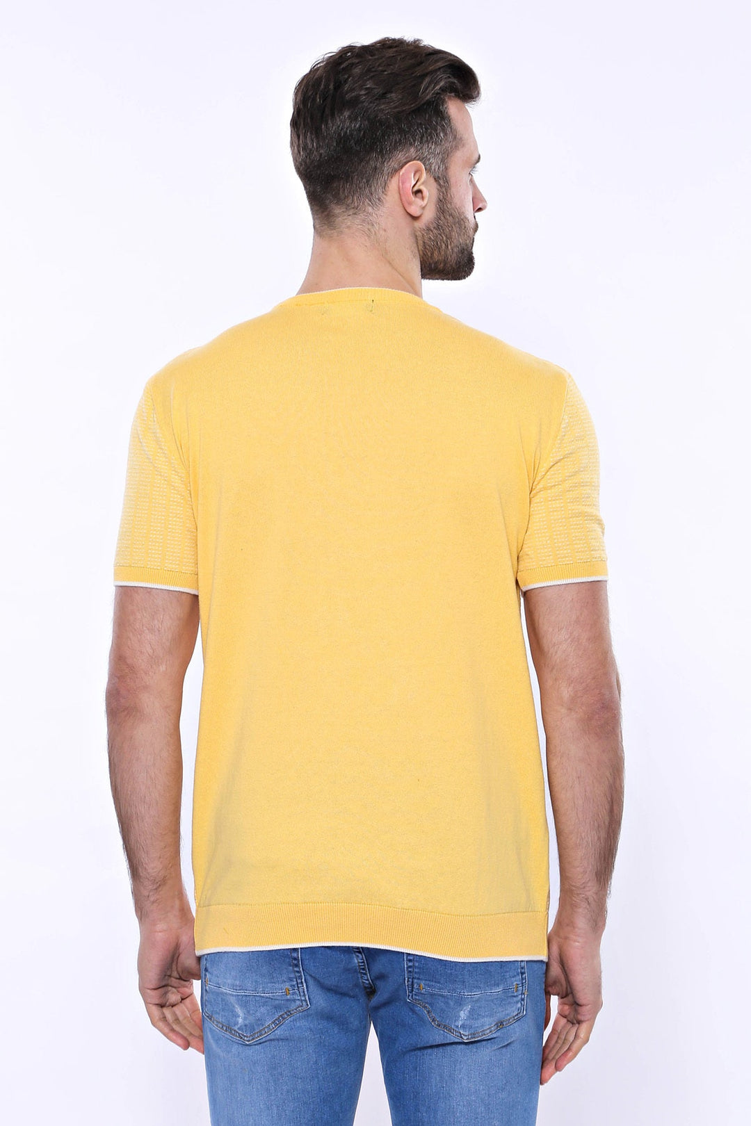 WSS Circle Neck Patterned Yellow Knitted T-Shirt  - Singen