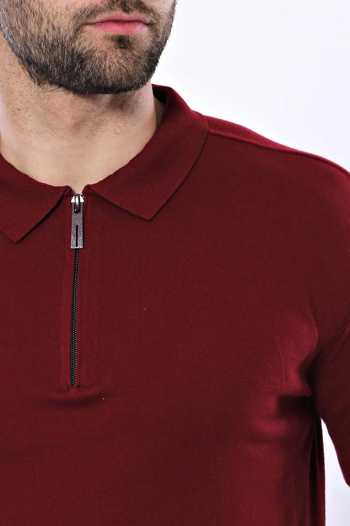 WSS Polo Neck Plain Claret Red Knitted T-Shirt  - Singen