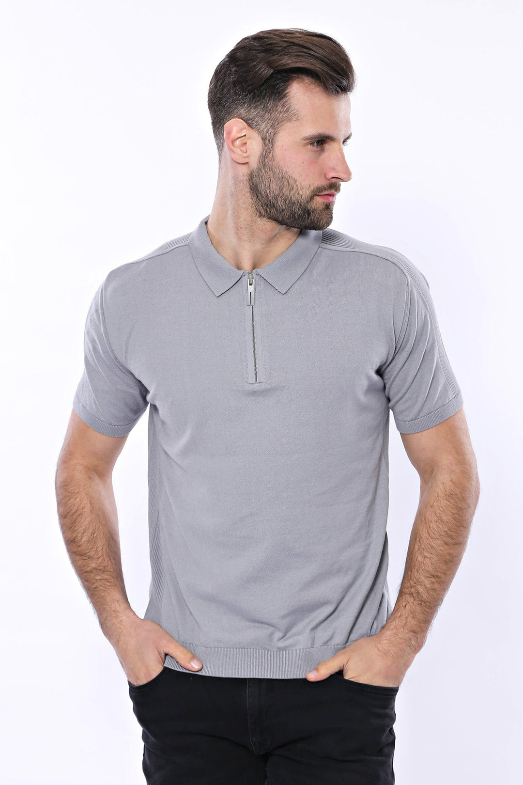 WSS Circle Neck Patterned Grey Knitted T-Shirt  - Singen