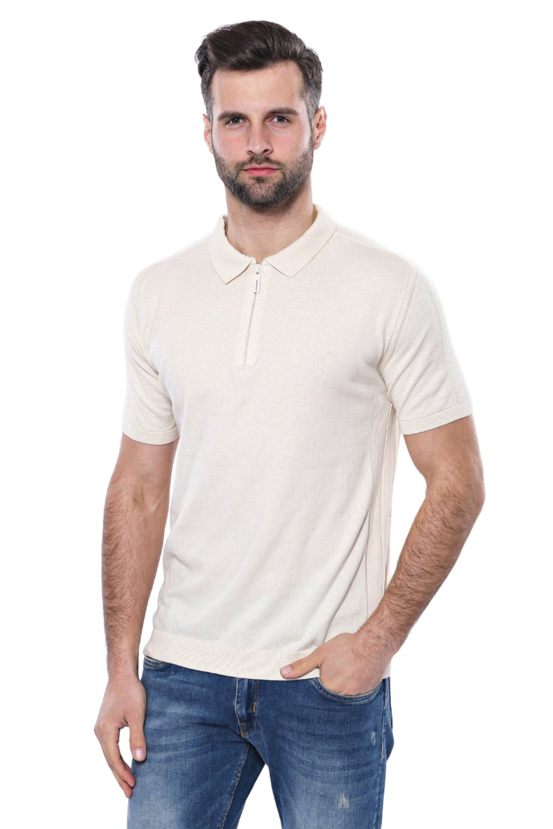 WSS Polo Neck Plain Cream Knitted T-Shirt  - Singen