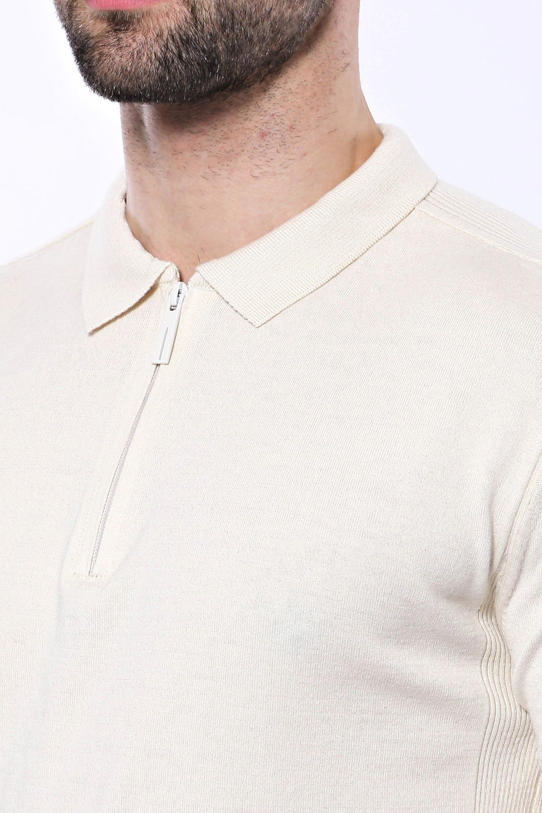 WSS Polo Neck Plain Cream Knitted T-Shirt  - Singen