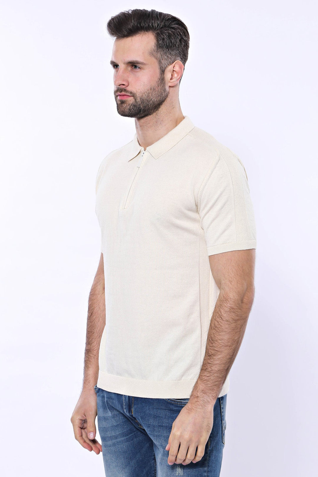 WSS Polo Neck Plain Cream Knitted T-Shirt  - Singen