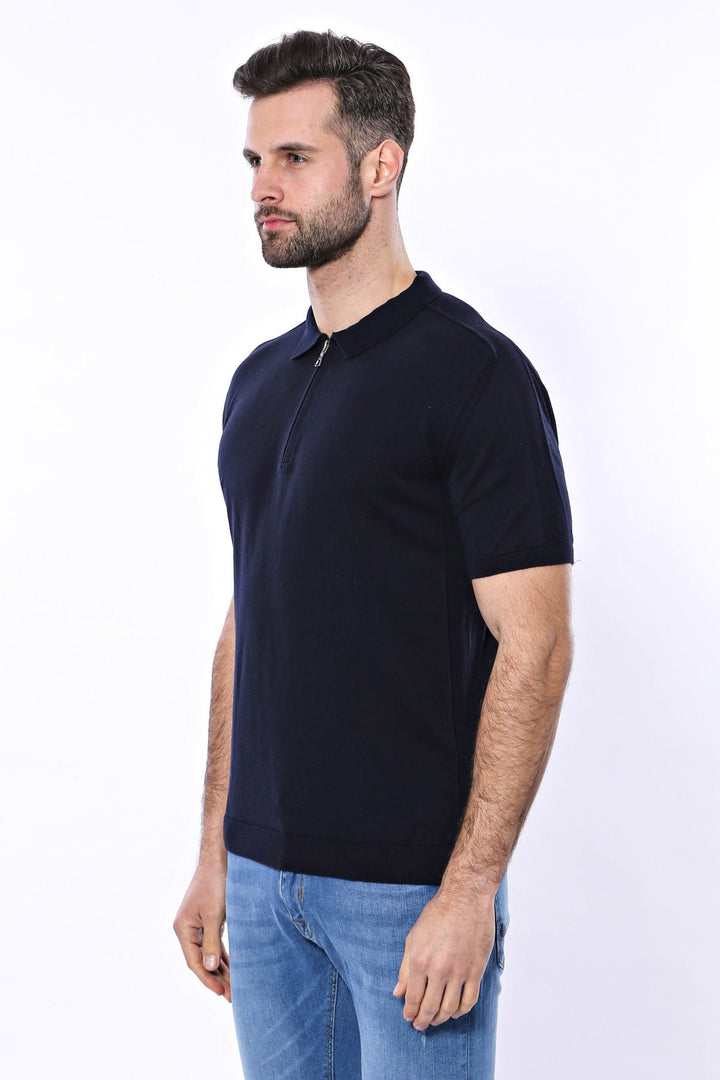 WSS Polo Neck Plain Navy Knitted Blue Men T-Shirt  - Singen