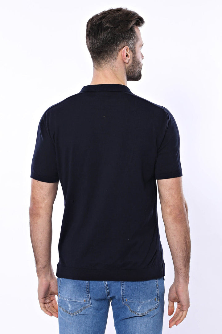 WSS Polo Neck Plain Navy Knitted Blue Men T-Shirt  - Singen