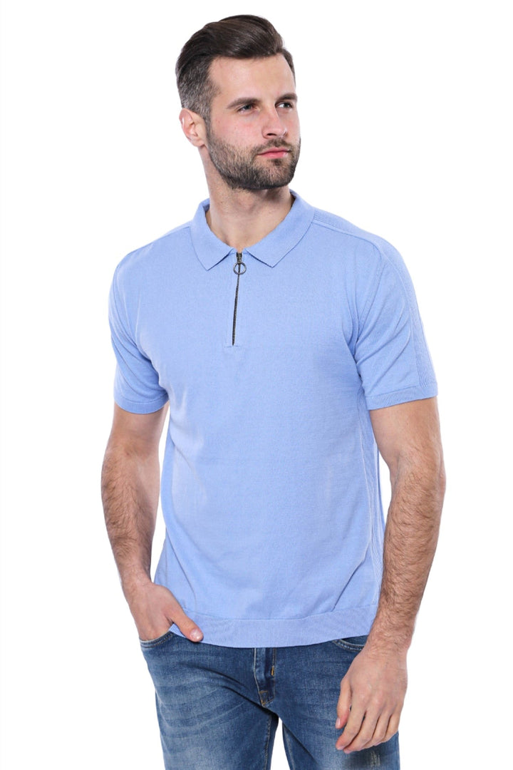 WSS Polo Neck Plain Sky Blue Knitted T-Shirt  - Singen